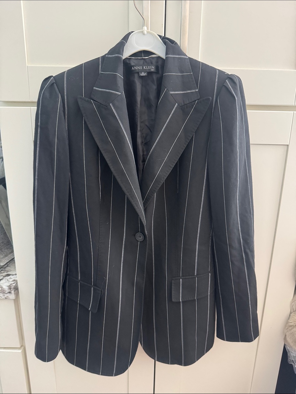 Anne Klein Black Pinstripe Single-Button Blazer